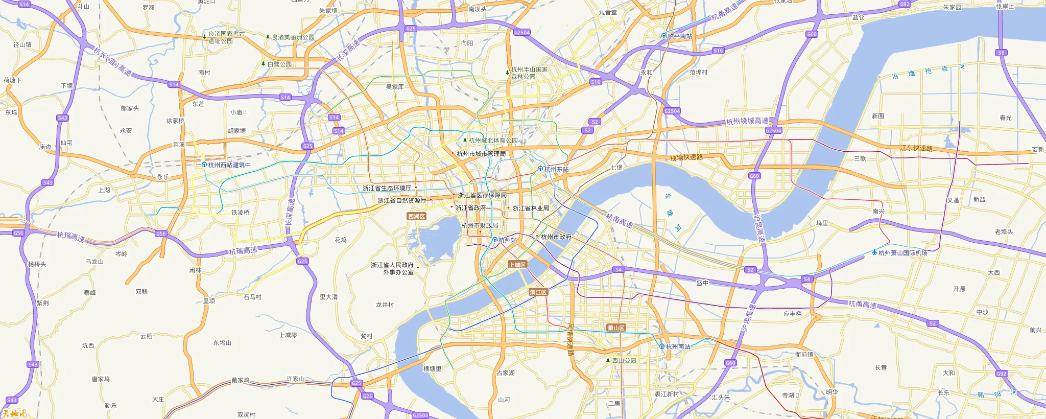 杭州总览地图：杭州光电位置与萧山国际机场、杭州东站、杭州西站、杭州南站分布（天地图）